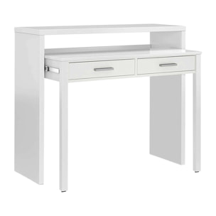 Consolle Billings, Scrivania con piano estensibile, Scrittoio porta PC con 2 cassetti, cm 99x36h88, Bianco