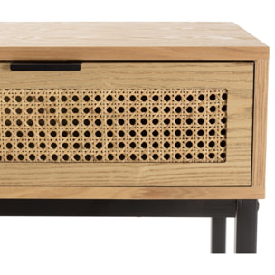 MARCEAU - Console 2 tiroirs cannage naturel pieds métal noir