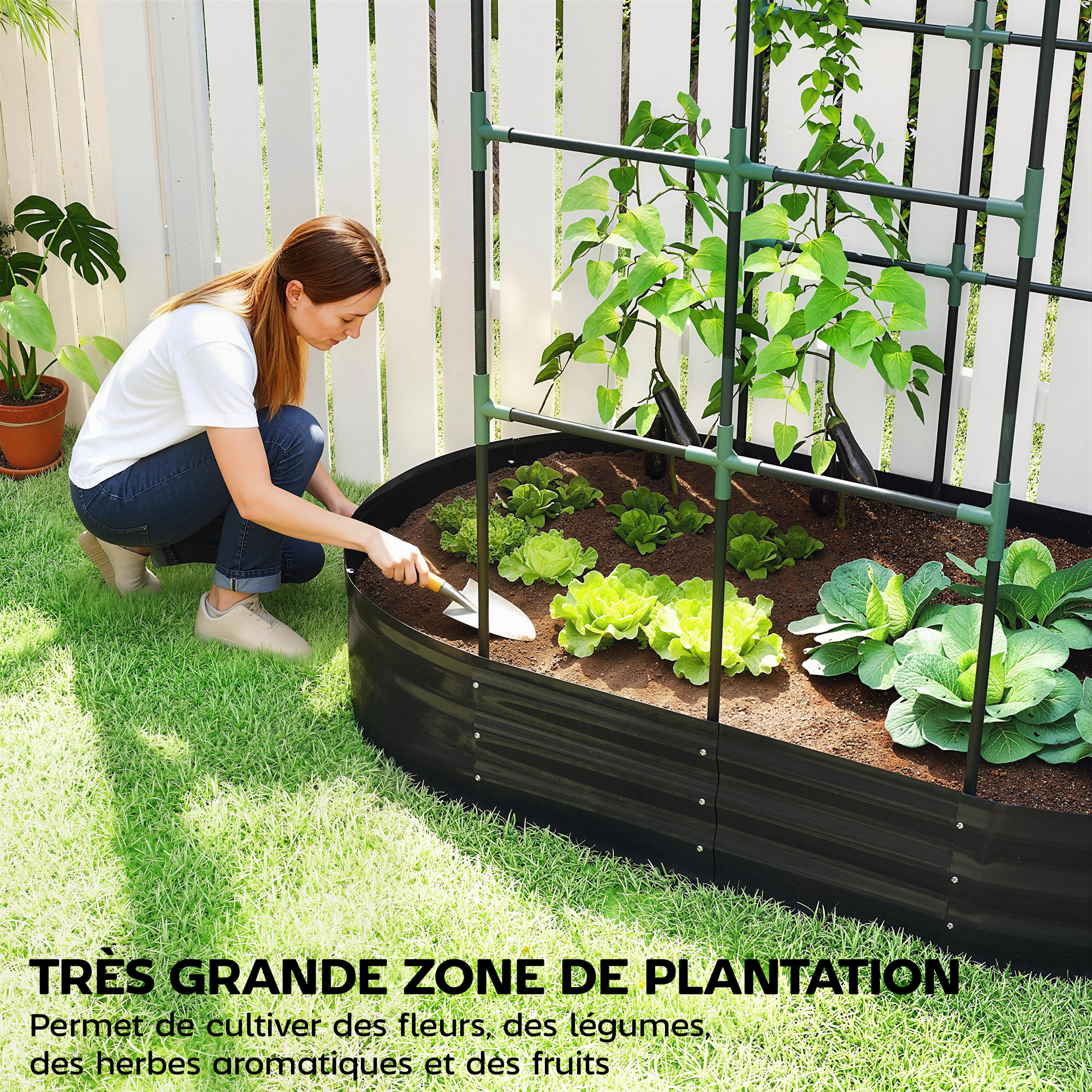 Jardinière avec treillis - fond ouvert, gants inclus - métal - 160x90x180cm - gris foncé