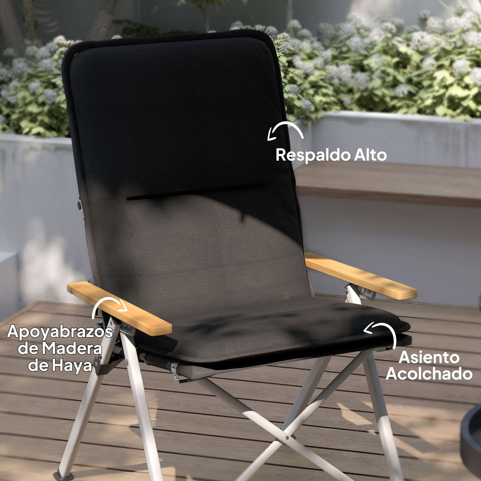 2 Sillas de Camping Plegables de Aluminio Sillas de Jardín Portátiles con Respaldo Alto Ajustable Reposabrazos de Madera y Bolsa de Transporte para Exterior 59x67x96 cm Negro