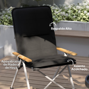 2 Sillas de Camping Plegables de Aluminio Sillas de Jardín Portátiles con Respaldo Alto Ajustable Reposabrazos de Madera y Bolsa de Transporte para Exterior 59x67x96 cm Negro