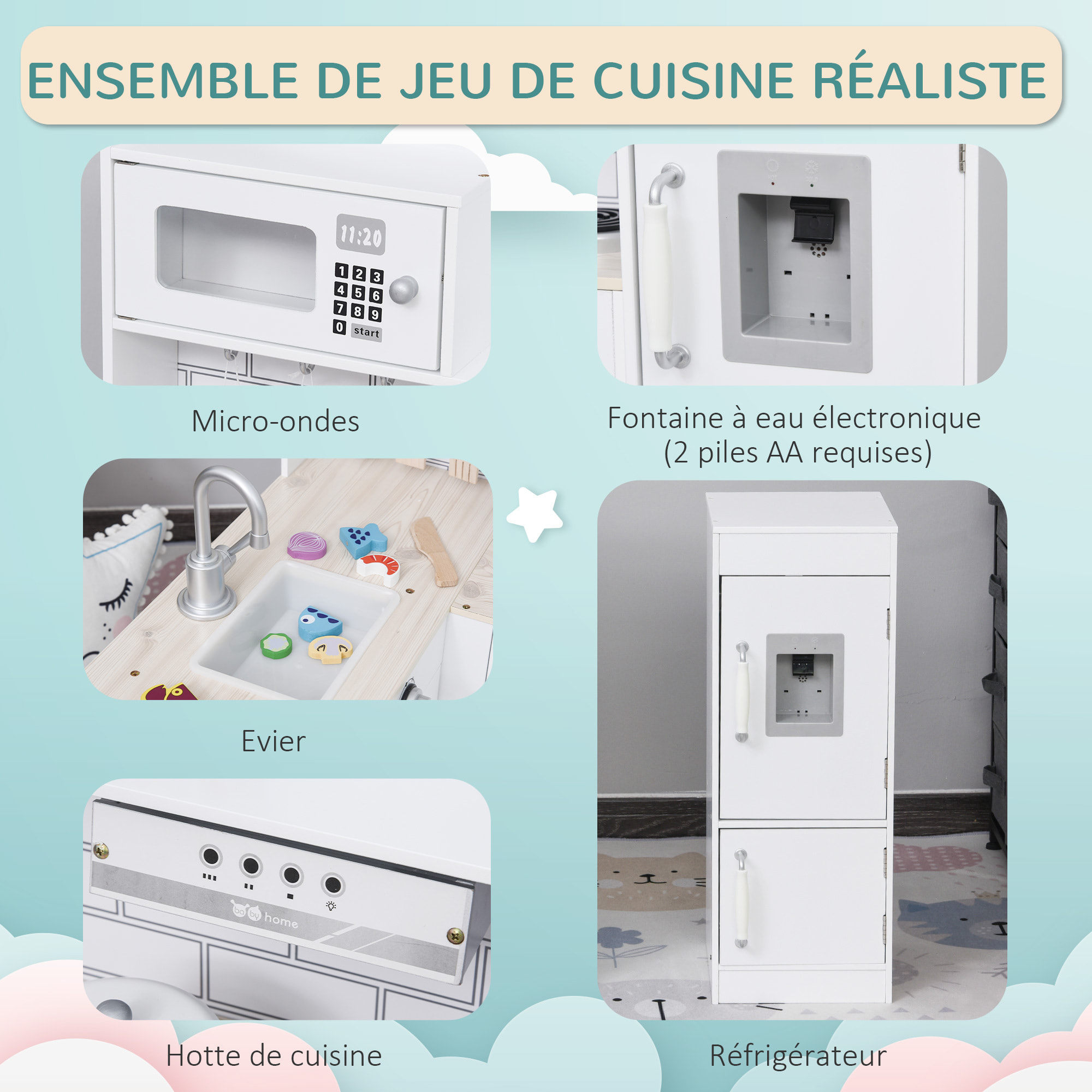 Cuisine bois jeu d'imitation - cuisine enfant - nombreux accessoires & rangements inclus - MDF pin blanc