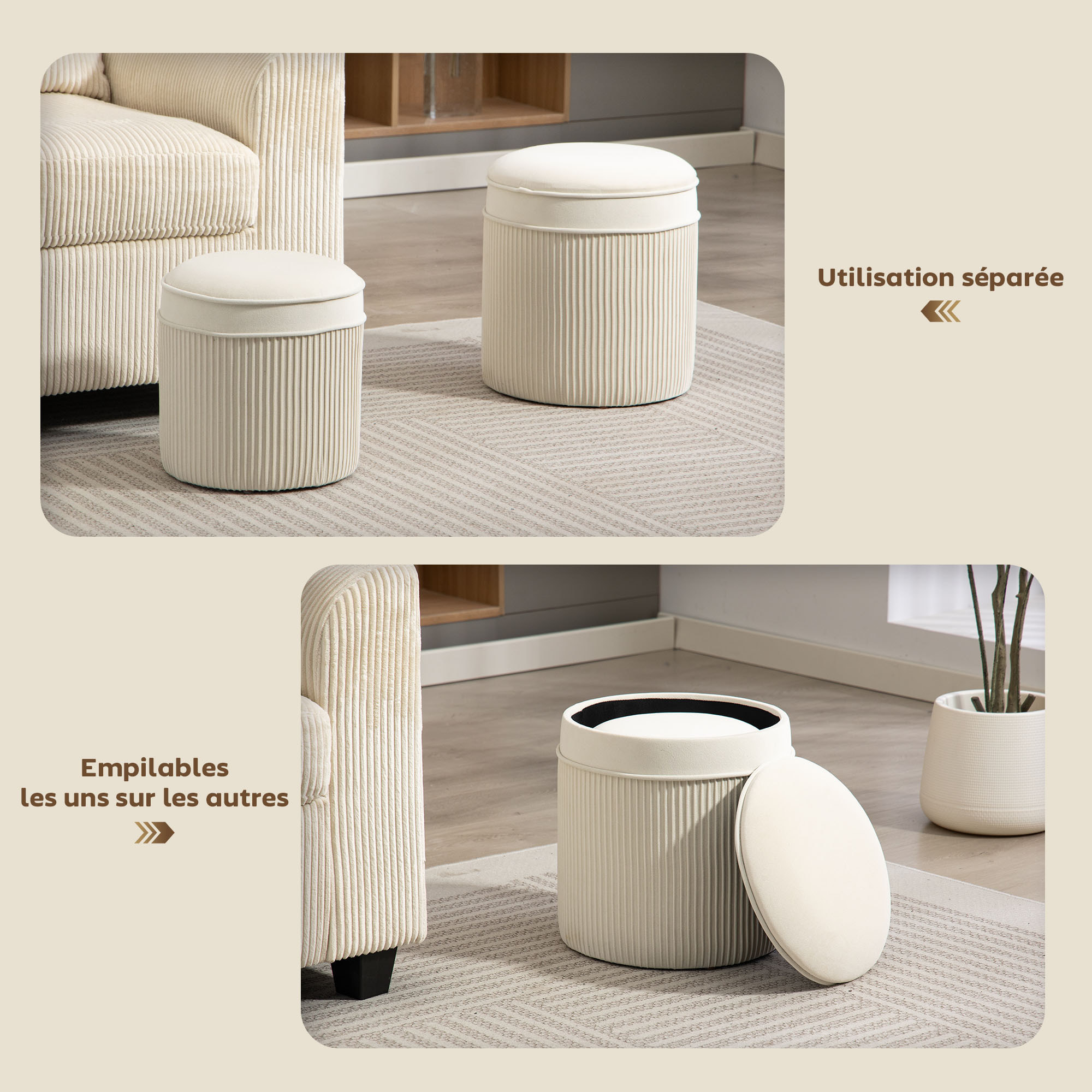 Lot de 2 poufs coffres 2 en 1 velours côtelé crème