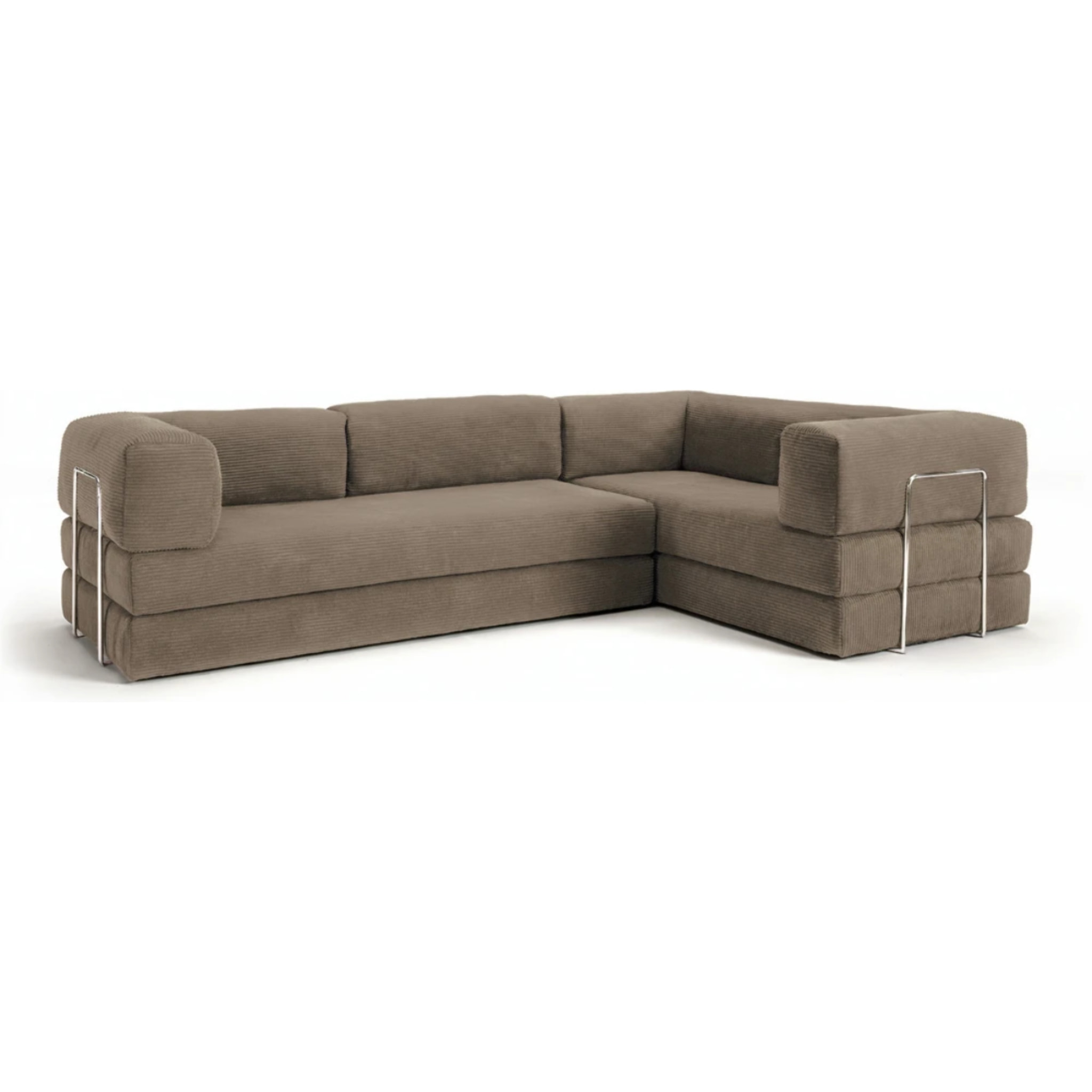 TRENDY - Canapé compressé 5 places angle modulable en velours côtelé taupe