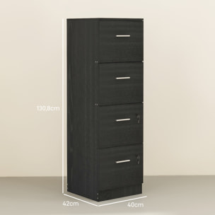 Cajonera Escritorio con 4 Cajones, Cajonera de Oficina con Cerraduras, Barras Ajustables para Archivos Tamaño A4 y Carta, Archivador para Estudio, Salón, 40x42x130,8 cm, Negro