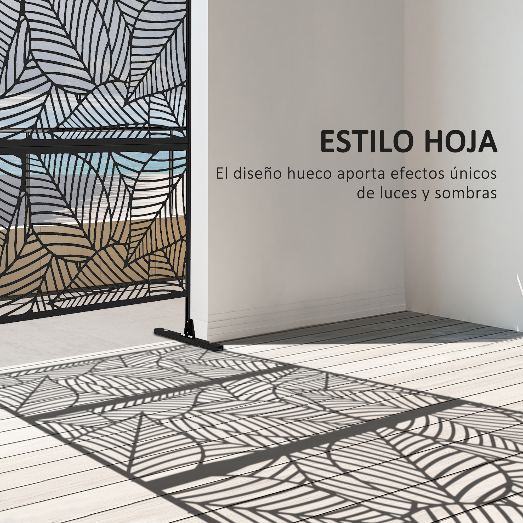 Biombo de 3 Paneles, 122x198 cm, Biombo Separador de Ambientes con Soporte y Tornillos de Expansión, Diseño de Hojas Grandes, para Exterior, Jardín, Patio, Terraza, Negro