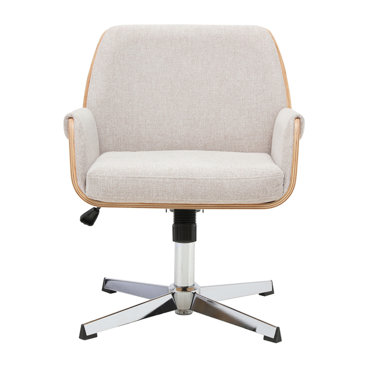 Chaise de bureau en tissu effet velours texturé beige et bois clair chêne RIKKI