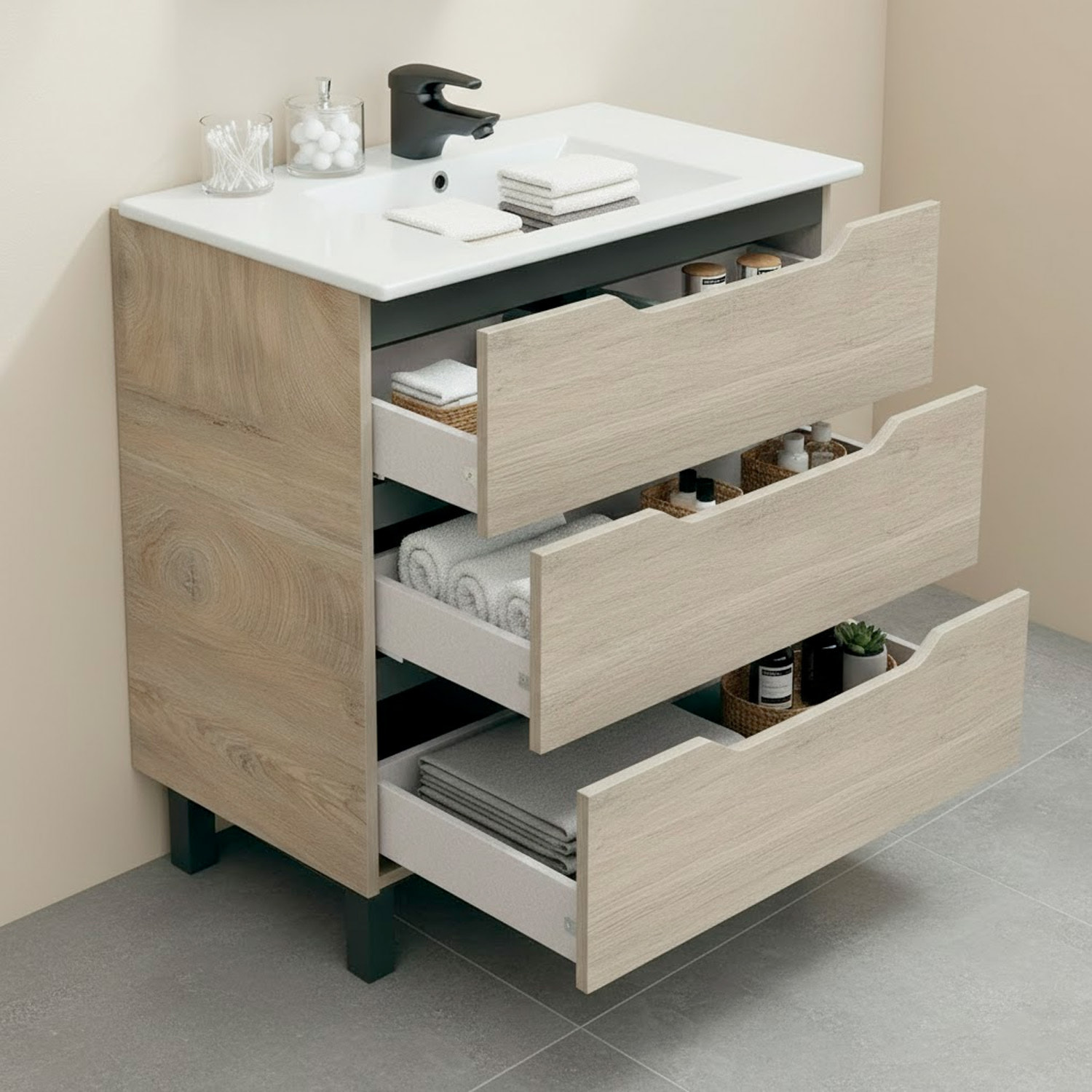 Mobile Bagno A Terra Con 3 Cassettoni Soft Close E Lavabo In Ceramica Incluso Mobiletto Design Moderno Salvaspazio 80 x 45 x 86 Cm Colore Rovere