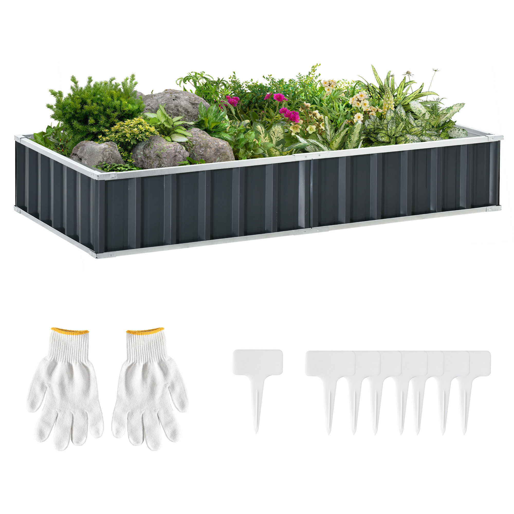 Arriate de Jardín de Acero 174x90x30 cm Incluye Guantes Huerto Urbano Jardinera Macetero Rectangular para Cultivos Plantas Flores para Terraza Balcón Exterior Gris