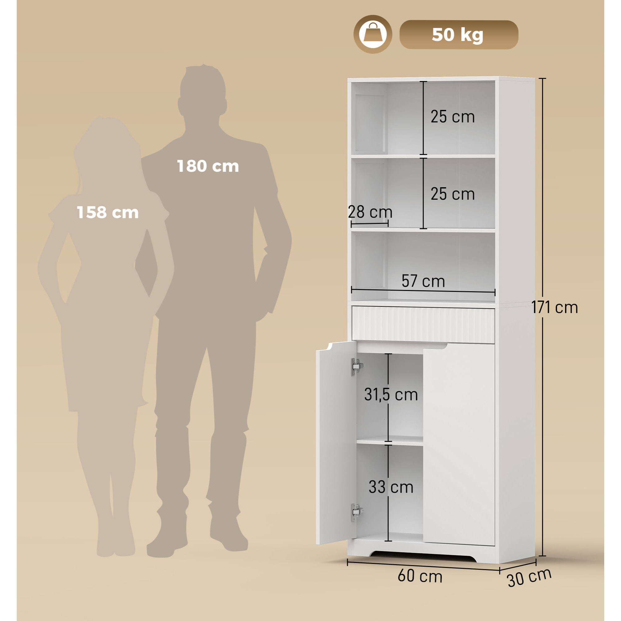 Armario Alto de Baño, Mueble de Baño Estrecho con 3 Estantes Abiertos, Cajón Acanalado, Estante Ajustable y Puertas de Cierre Suave, para Espacios Pequeños, 60x30x171 cm, Blanco
