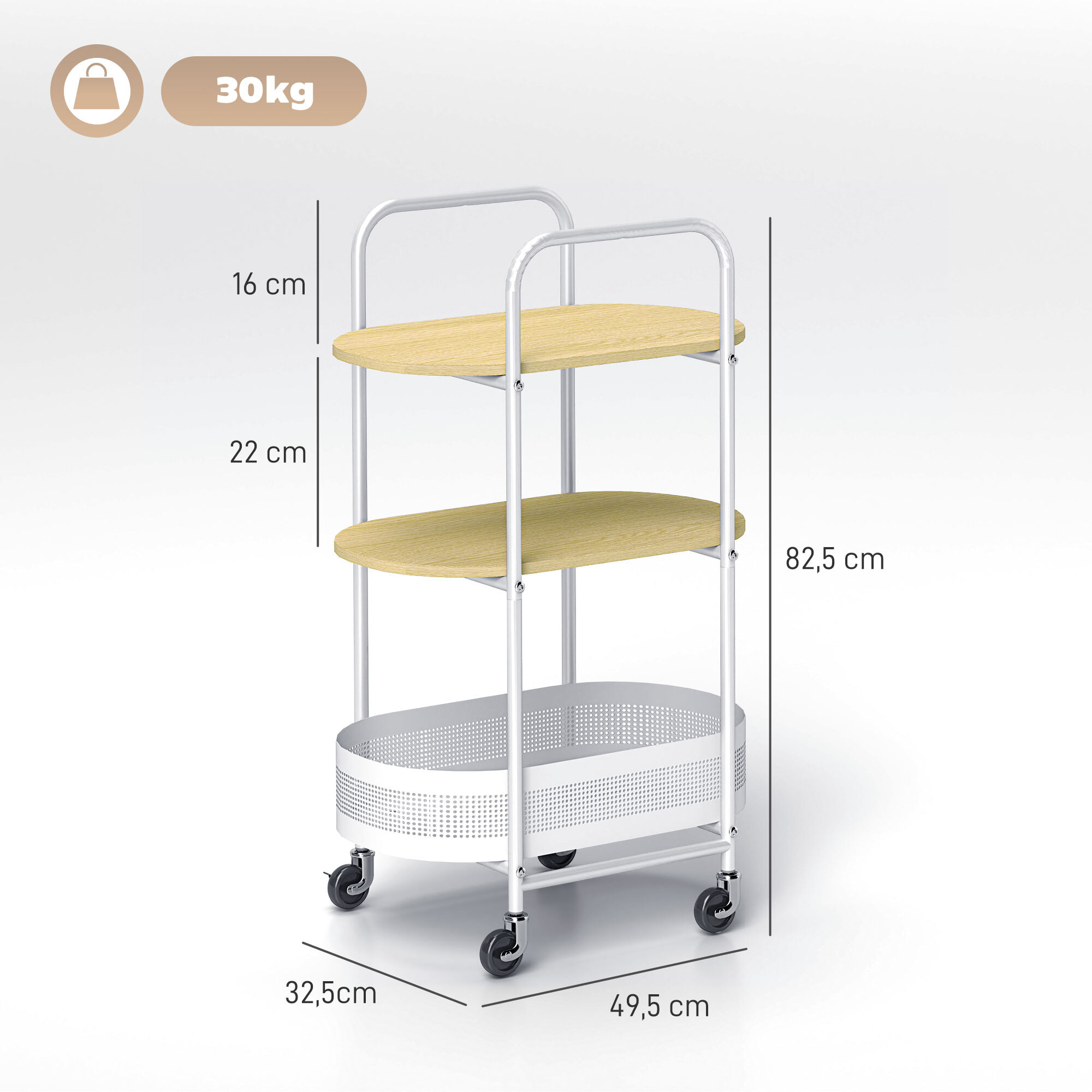 Carrito Auxiliar con Ruedas Carrito de Cocina de 3 Niveles Carro de Almacenamiento con Cesta y Estantes Carga 30 kg para Comedor Salón Dormitorio 49,5x32,5x82,5 cm Blanco y Madera Natural