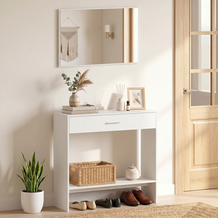 Recibidor de Entrada con Espejo, Cajón y Estante, Mueble de Recibidor de 2 Piezas con Mesa Consola y Espejo, Diseño Antivuelco, para Pasillo, 91,5x27,9x85,5 cm, Blanco