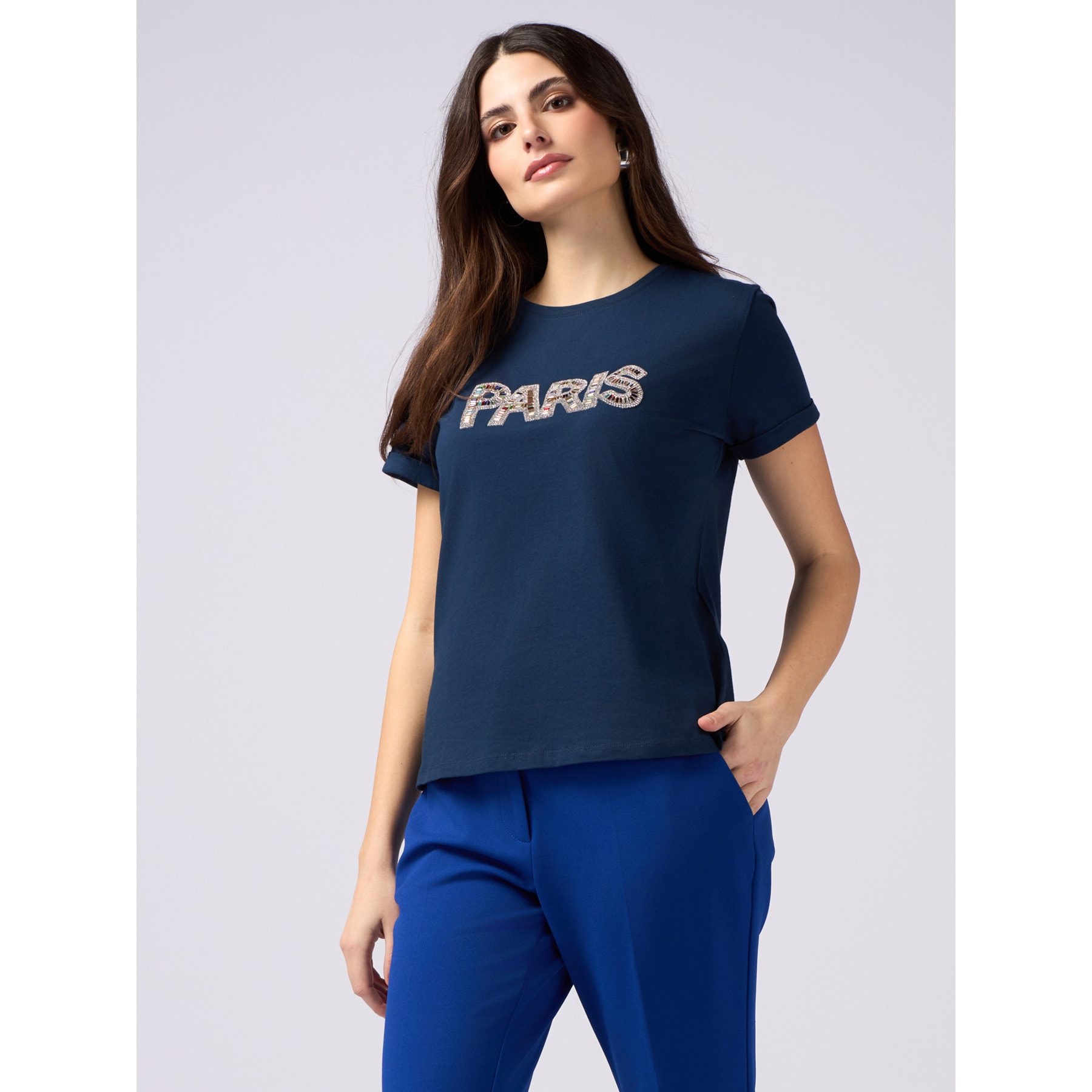 Oltre - Camiseta de punto jersey con aplicación de joya - Azul