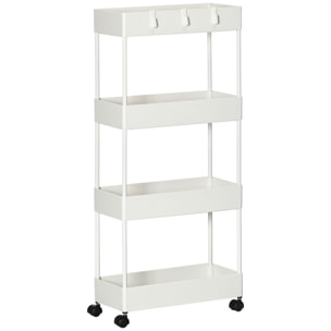 Carrito Auxiliar con Ruedas Carrito de Almacenamiento con 4 Cestas y 4 Ganchos Extraíbles para Cocina Baño Salón 40x19x90 cm Blanco