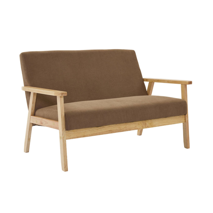 Banquette canapé 2 places en bois et tissu velours côtelé coloris taupe. Isak. L 114 x P 69.5 x H 73cm