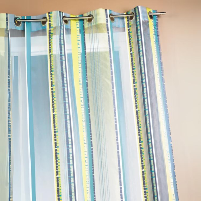 Voilage en organza jacquard à rayures verticales colorées - Bleu Pétrole