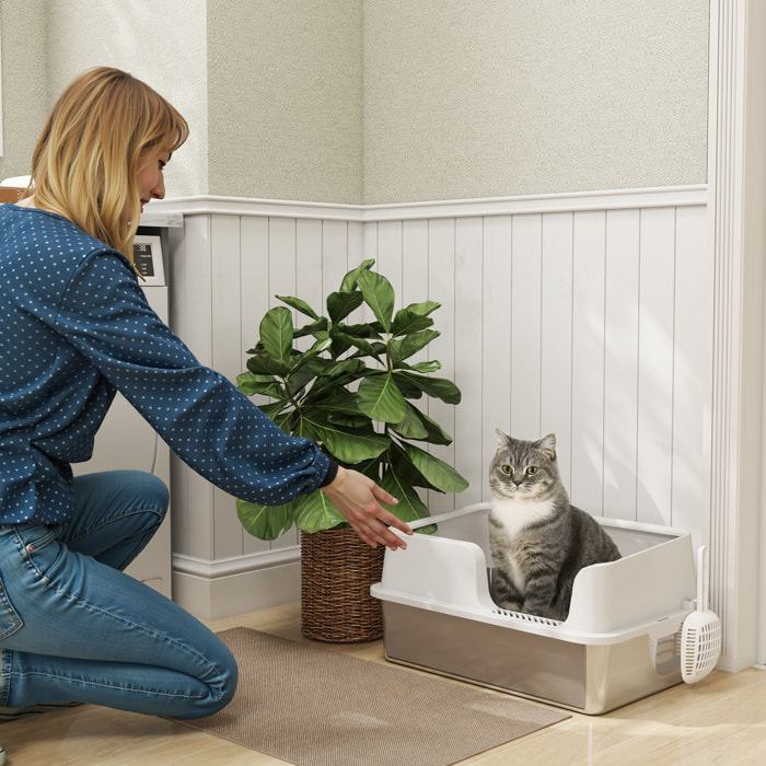 PawHut Arenero para Gatos de Acero Inoxidable XL, Caja de Arena para Gatos Grandes, Arenero Extragrande con Borde Alto, Pala, Fácil de Limpiar, Antifugas, 60x40x28 cm, Gris Claro