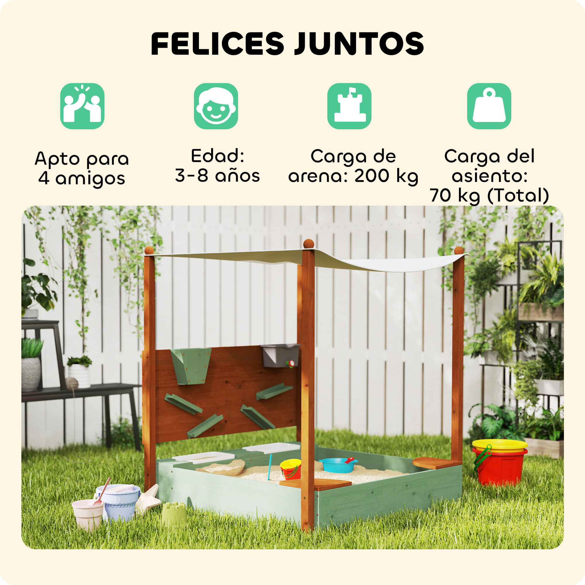 Arenero para Niños de Madera con Techo, Arenero Infantil con 2 Asientos, 2 Cajas, Grifo, Embudo, Caja de Arena para Niños de 3-6 Años, para Patio, Jardín, Balcón, 116x112,5x128 cm, Verde