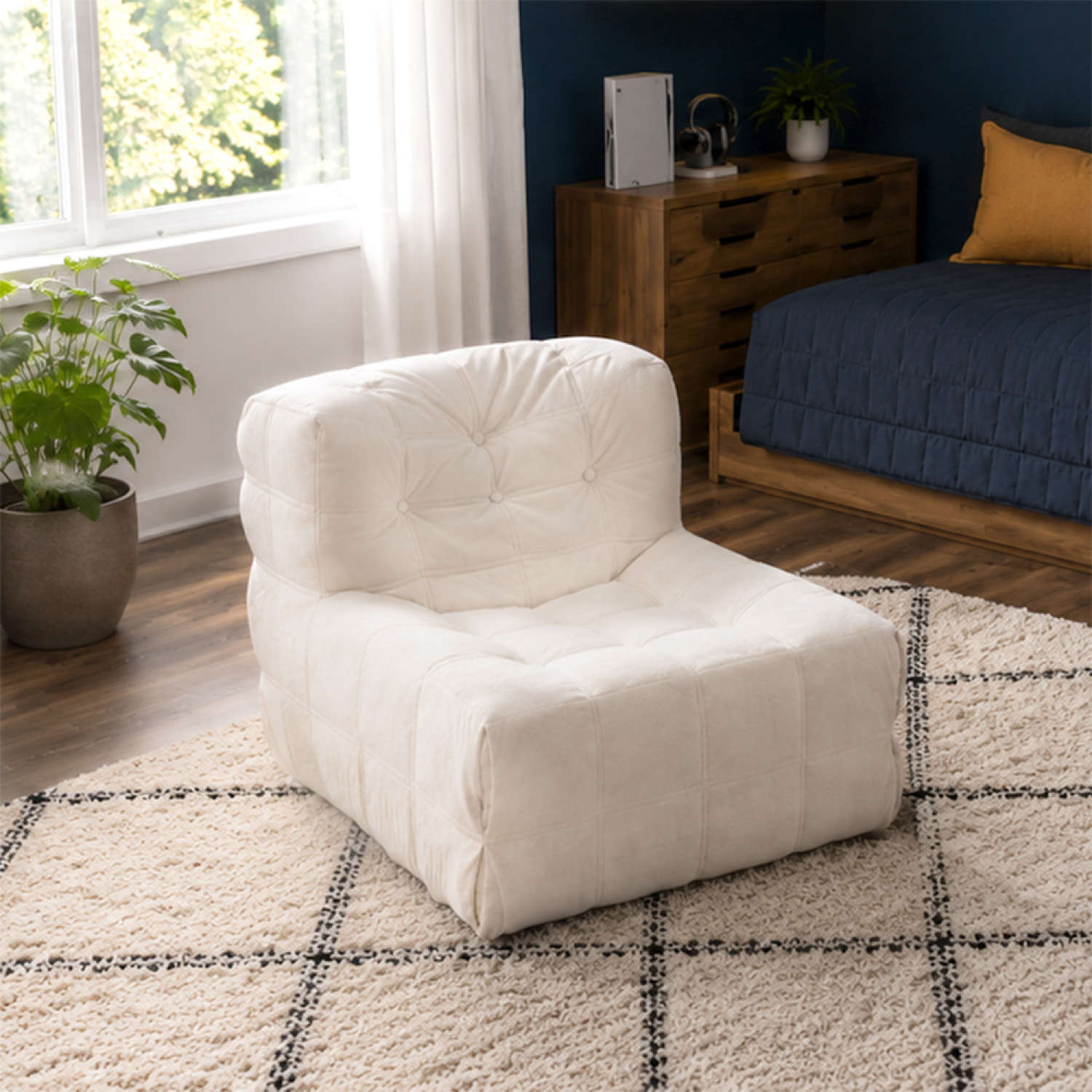Fauteuil pouf compressé en velours beige ROSTOCK