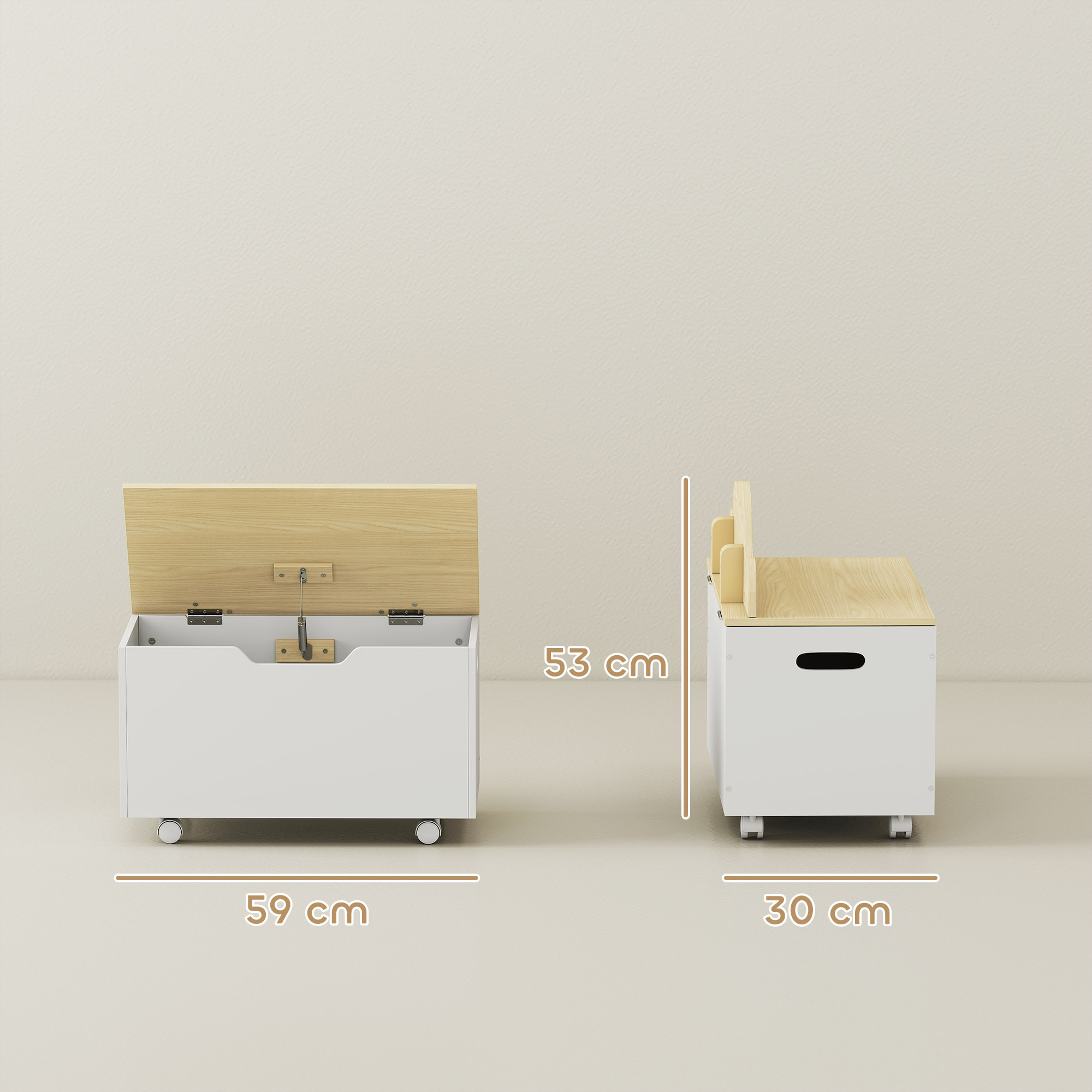 Caja de Almacenaje de Juguetes con Ruedas, Baúl Juguetes Infantil con Tapa Abatible con Bisagra de Seguridad, Diseño de Nube, para Dormitorio, Sala de juegos, Guardería, Blanco y Natural