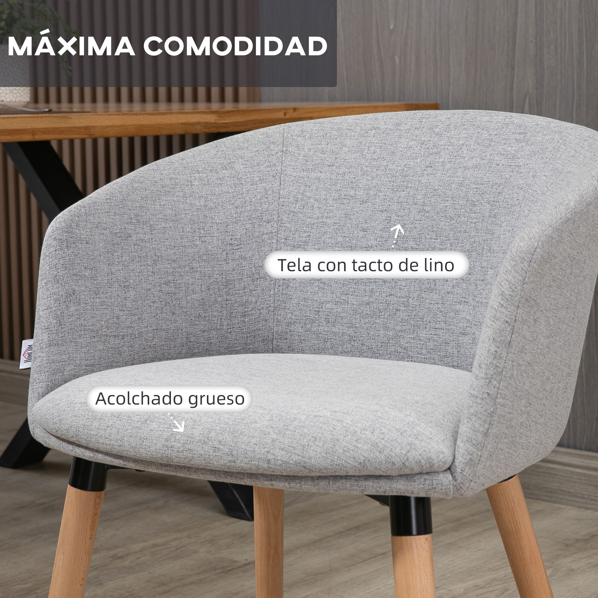 Silla de Comedor Butaca de Salón Tapizada en Lino Sintético con Reposabrazos y Patas de Madera para Oficina Dormitorio Carga 120 kg 57x56x72 cm Gris