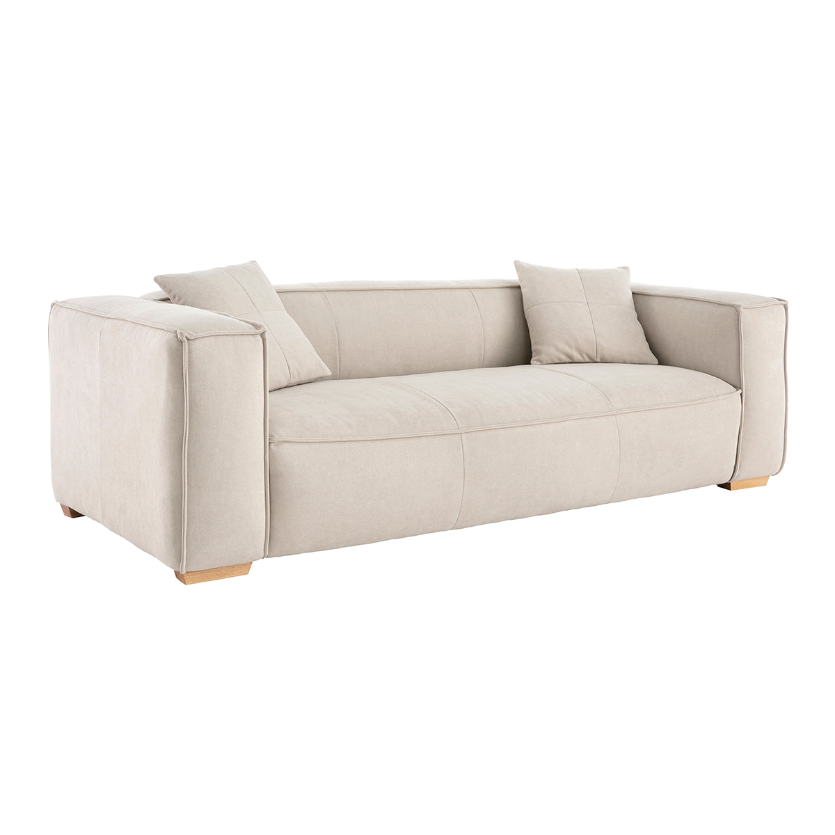 Canapé design 3 places en tissu effet velours naturel et bois clair COBAIN