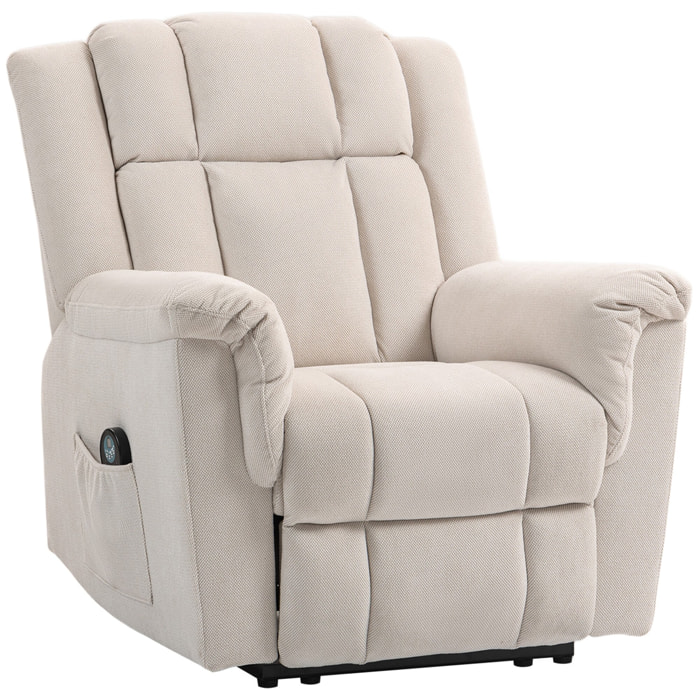 Fauteuil massant chauffant inclinable repose-pieds intégré poche rangement tissu velours chenille beige