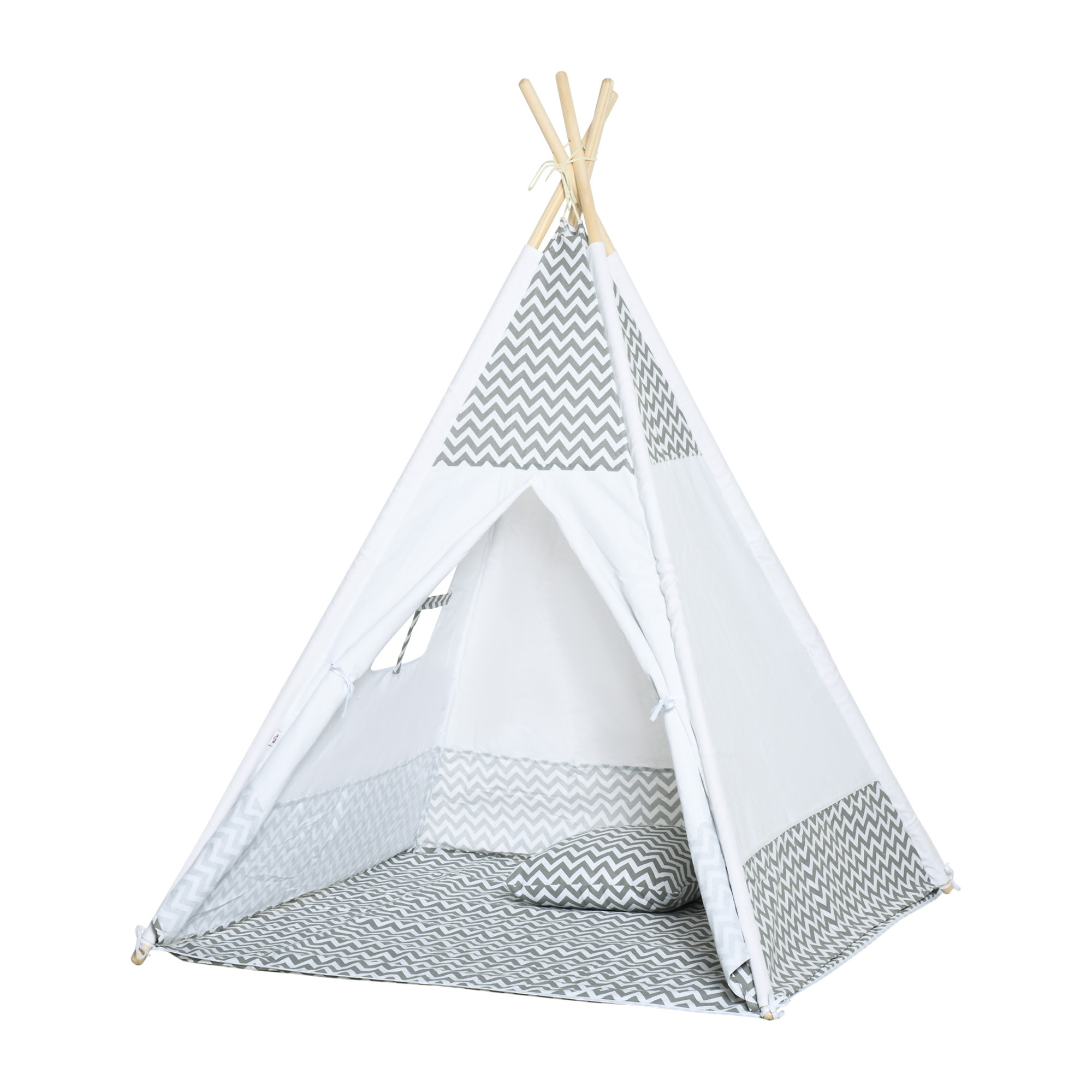 Tente teepee indien enfant style graphique - dim. 1,2L x 1,2I x 1,55H m - porte refermable, fenêtre, tapis, coussin, sac transport inclus - structure bois, toile polyester coton gris blanc