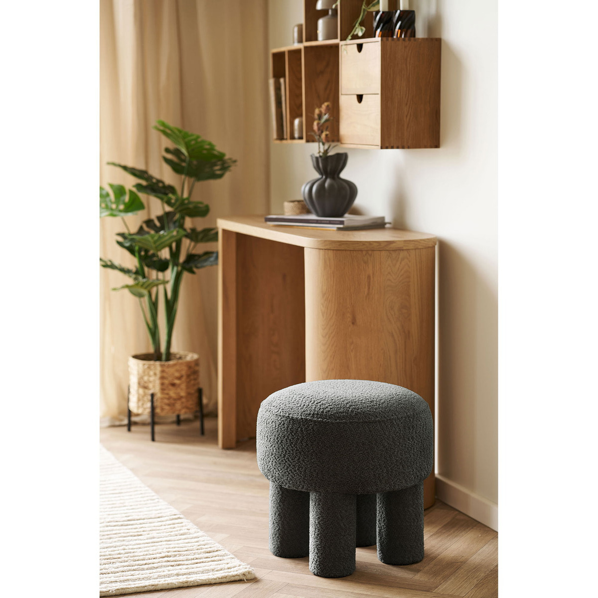 Canberra - Pouf rotondo in chenille antracite ø43x43 cm