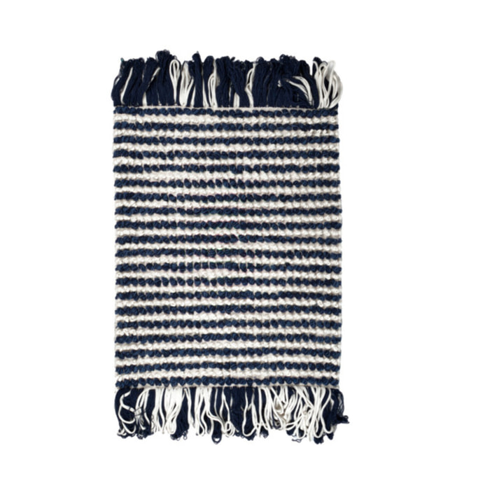 Tapis 60 x 80 cm tissu texturé petits pompons avec franges bicolores - MARINE