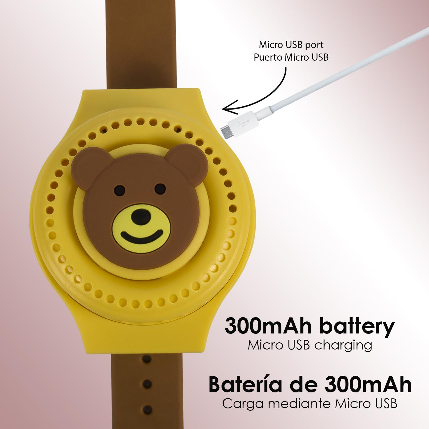 Reloj ventilador portátil con batería de 300mAh. Diseño Osito. 3 velocidades.