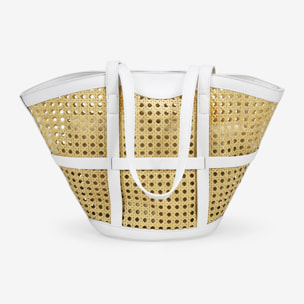 Bolso de hombro beige con rejilla de mimbre