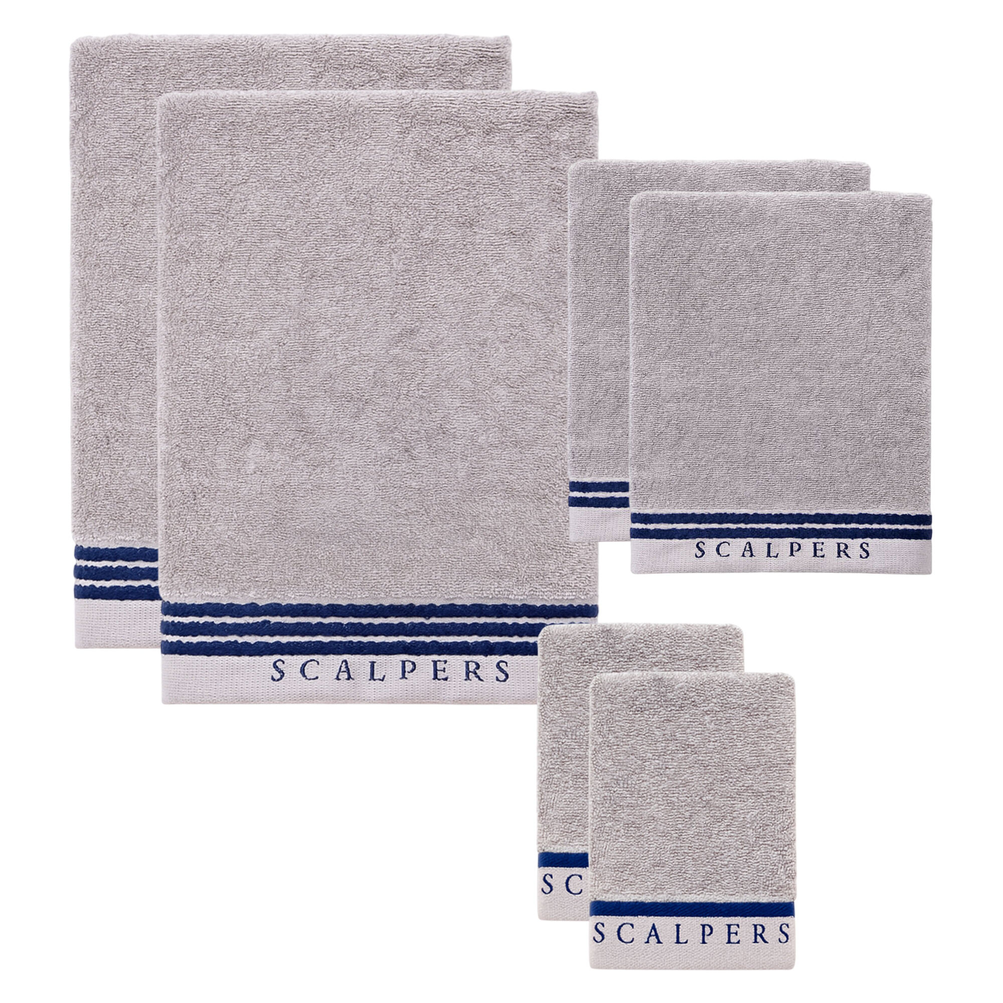 Set 6 toallas baño (2x tocador 30x50cm + 2x manos 50x90cm + 2x baño 70x140cm) 450gsm en algodón gris con azul scalpers home