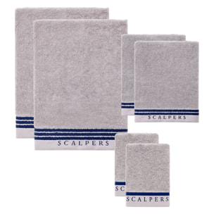 Set 6 toallas baño (2x tocador 30x50cm + 2x manos 50x90cm + 2x baño 70x140cm) 450gsm en algodón gris con azul scalpers home