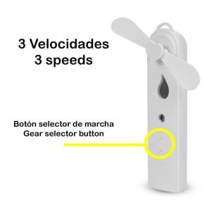 Mini ventilador portátil con pulverizador de agua. Depósito de 30ml, 3 velocidades.