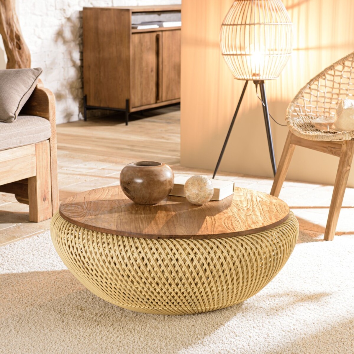 SIXTINE - Table basse ronde 80x80cm en rotin beige plateau amovible