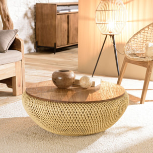 SIXTINE - Table basse ronde 80x80cm en rotin beige plateau amovible