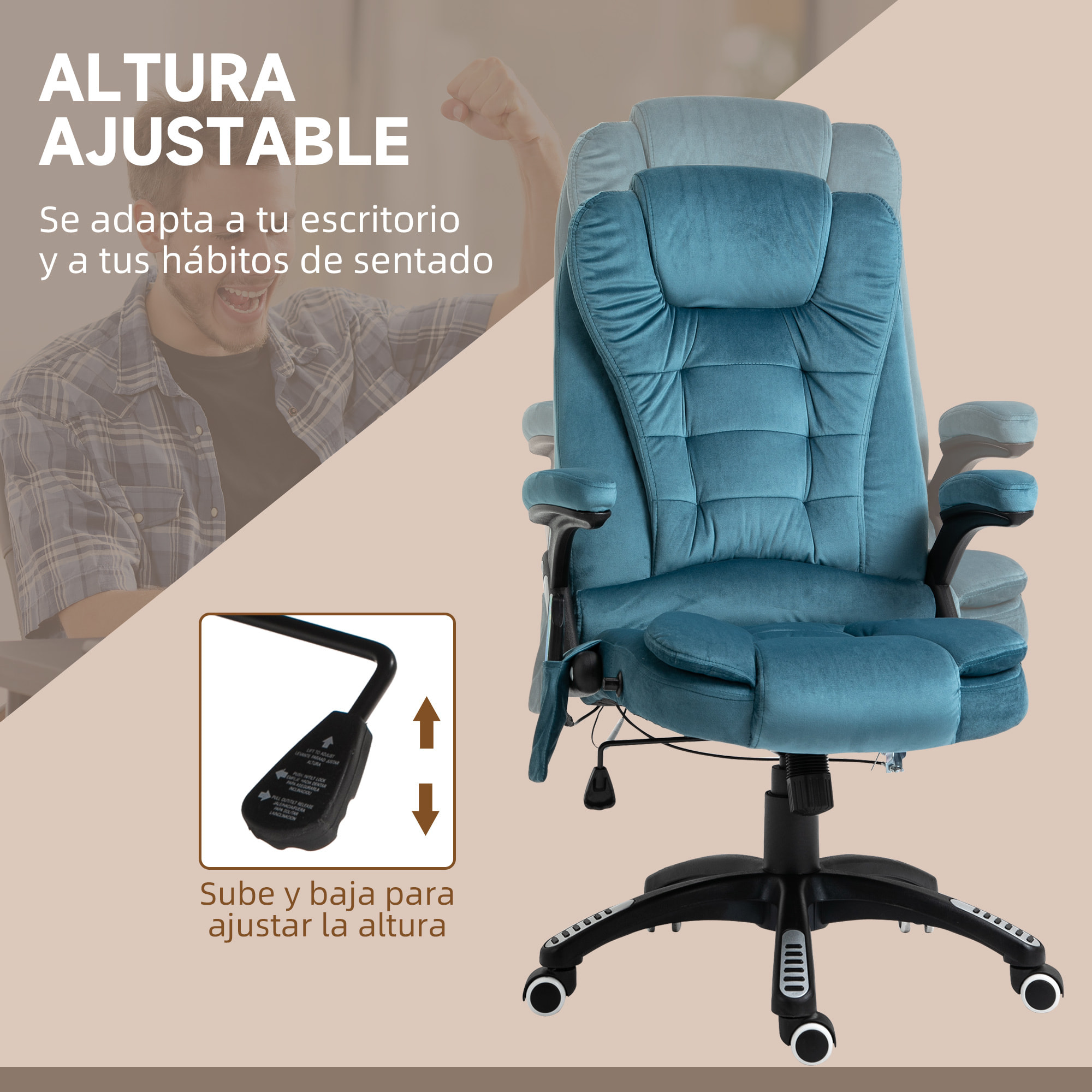 Silla de Oficina con Masaje de 6 Puntos Silla de Escritorio Giratoria con Función Basculante con Calefacción Altura Ajustable Respaldo Reclinable y Mando a Distancia Azul