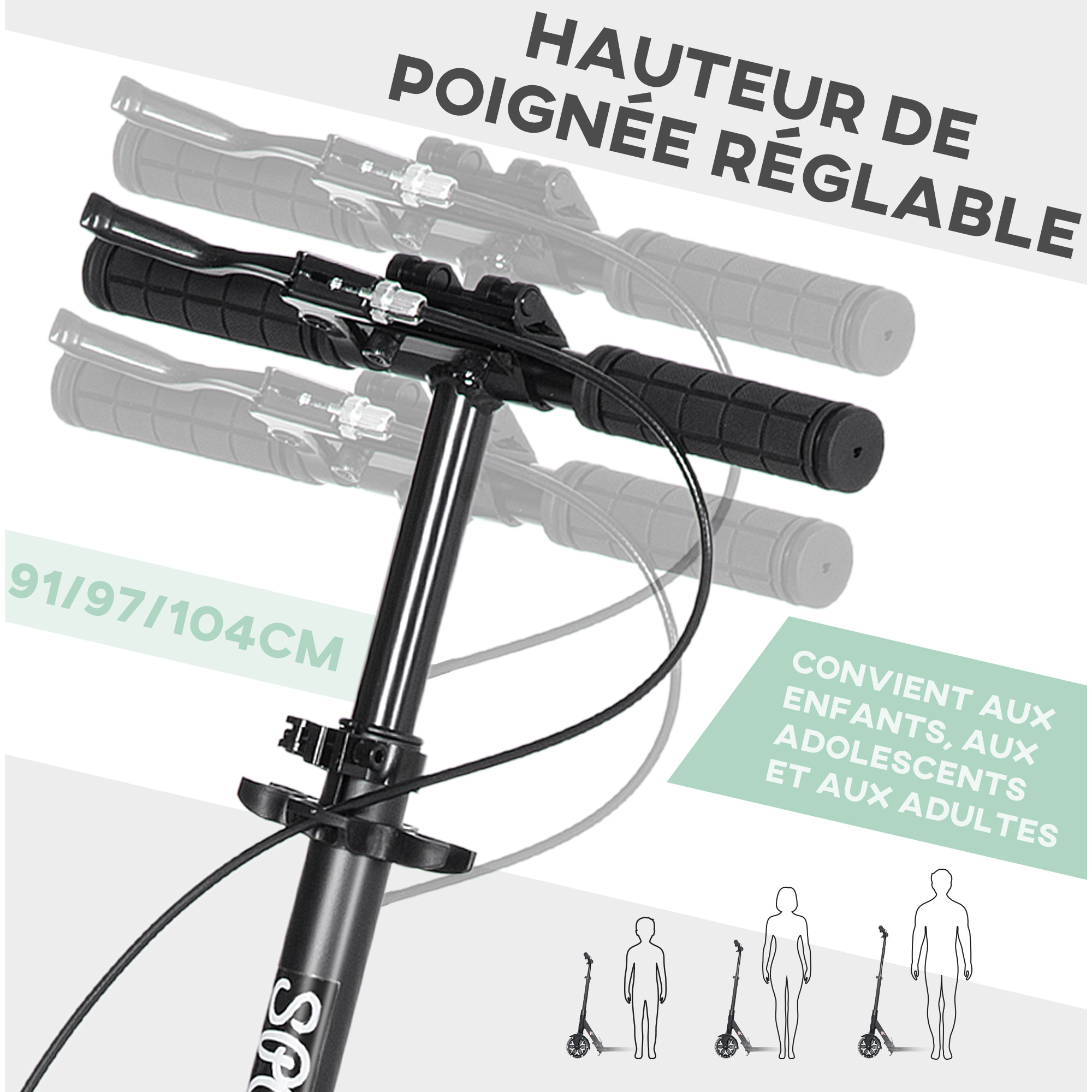 Trottinette pliable adulte béquille double frein amortisseur hauteur guidon réglable roulement PU abec-9 alu. métal vert noir
