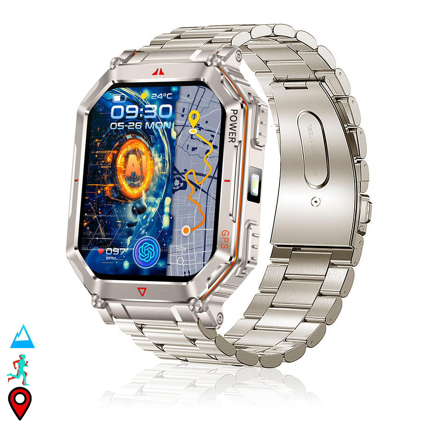 Smartwatch KR92 con chiamate BT, GPS, strumenti di esplorazione, monitor cardiaco, ChatGPT e oltre 100 modalità sportive. Cinturino metallico.