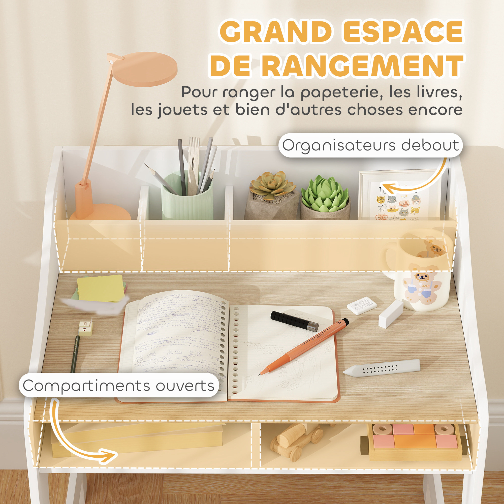 Ensemble bureau et chaise enfant 3-8 ans - 5 compartiments de rangement - blanc effet bois naturel
