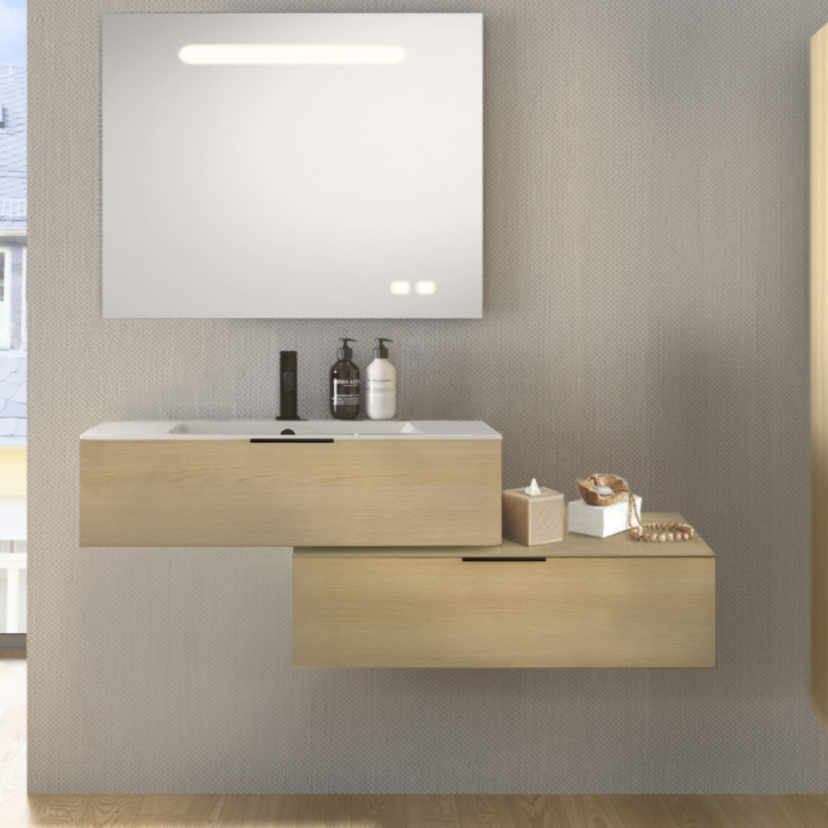 Meuble salle de bain vasque BURGBAD Olena en décaler 120 cm chêne clair + colonne
