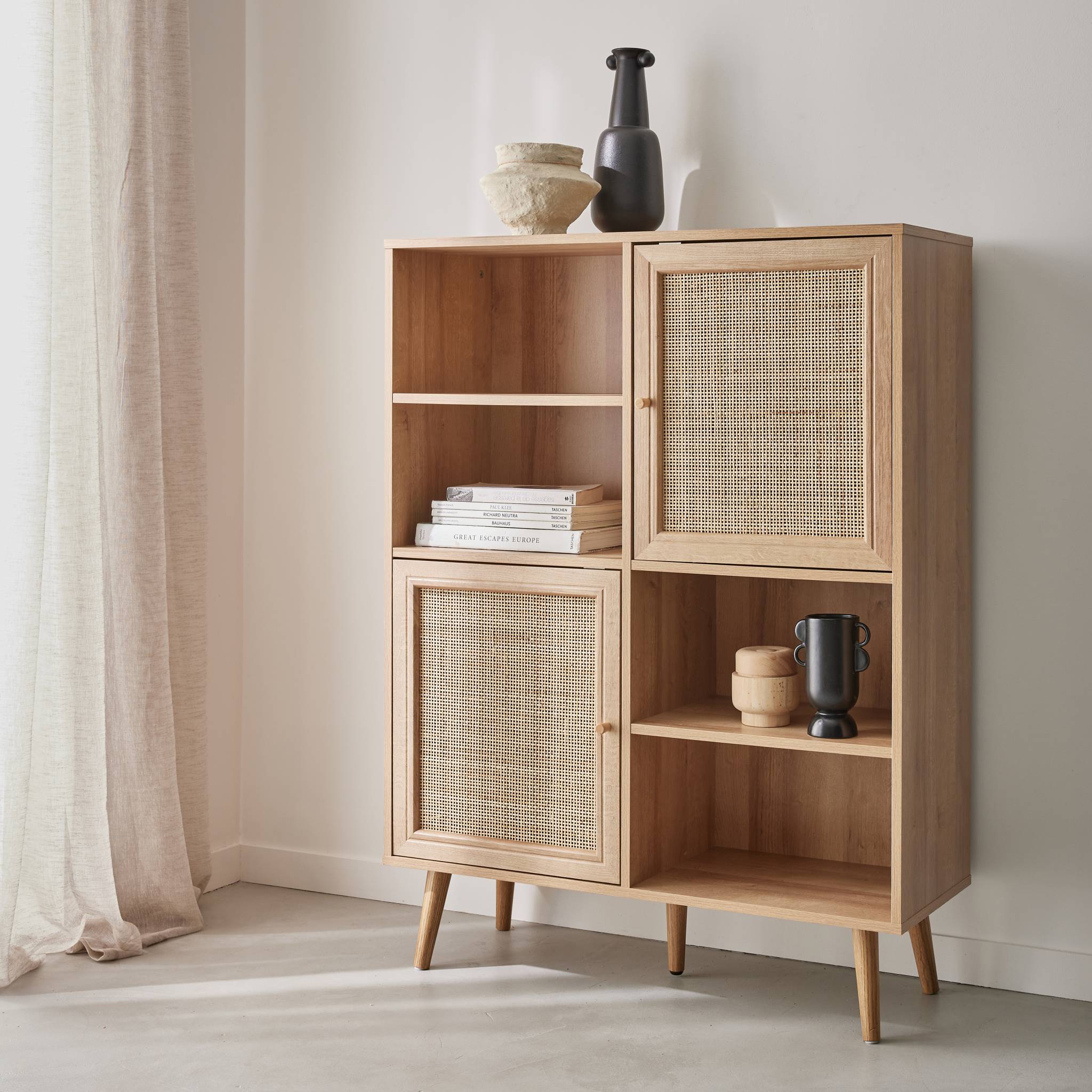 Buffet de rangement cannage et effet bois. buffet haut. vaisselier. 2 portes et 2 étagères style bohème 90cm