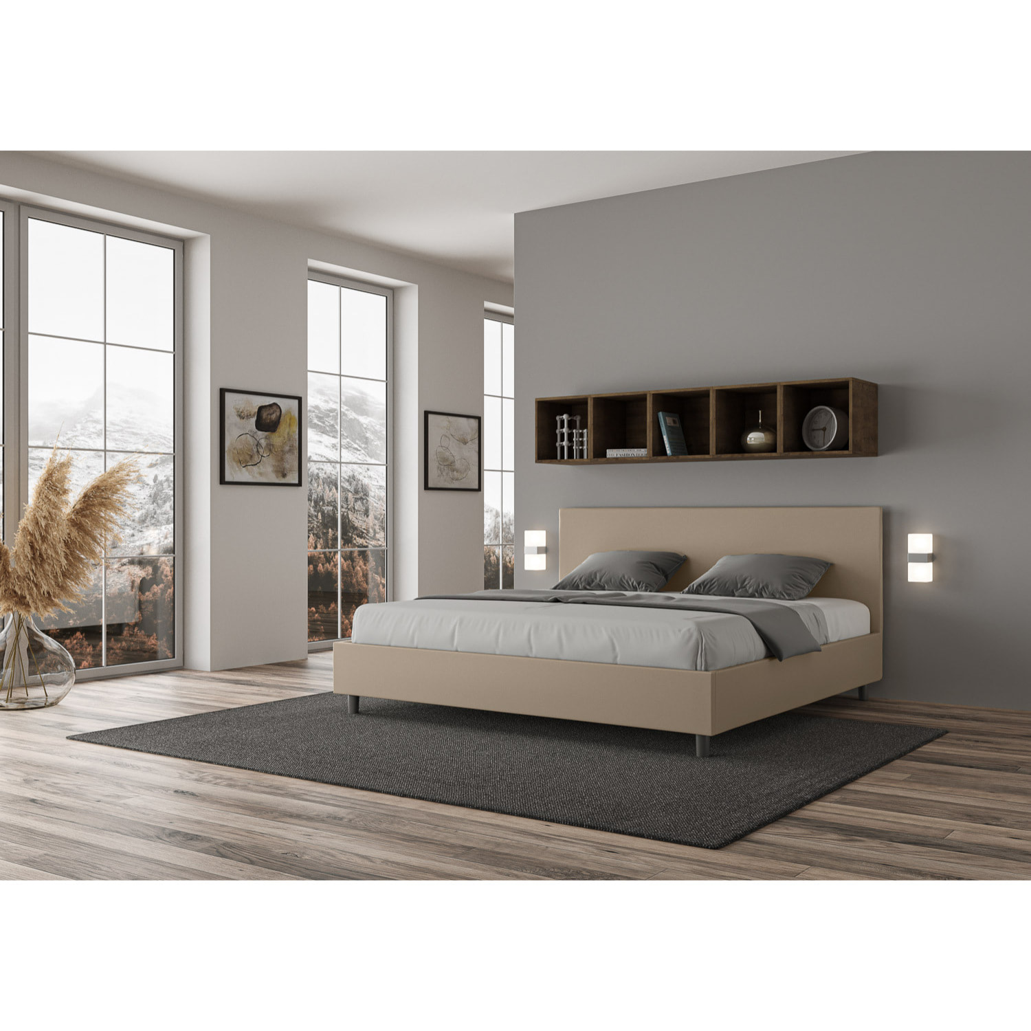 Lit king size coffre rembourré 200x210 similicuir taupe Adele