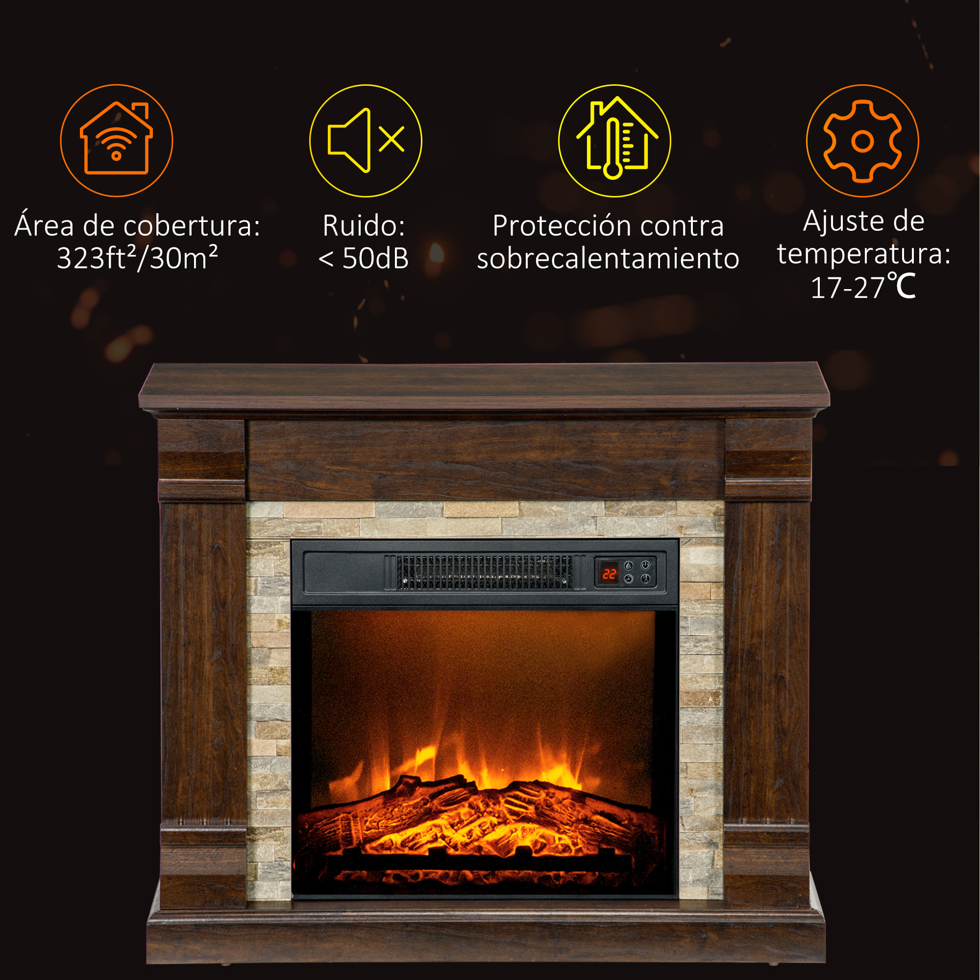 Chimenea Eléctrica 1800W Calentador de Chimenea con Efecto de Llama Mando a Distancia Temporizador y Protección Sobrecalentamiento para Sala 30 m² 80x21,6x67,8 cm Marrón Oscuro