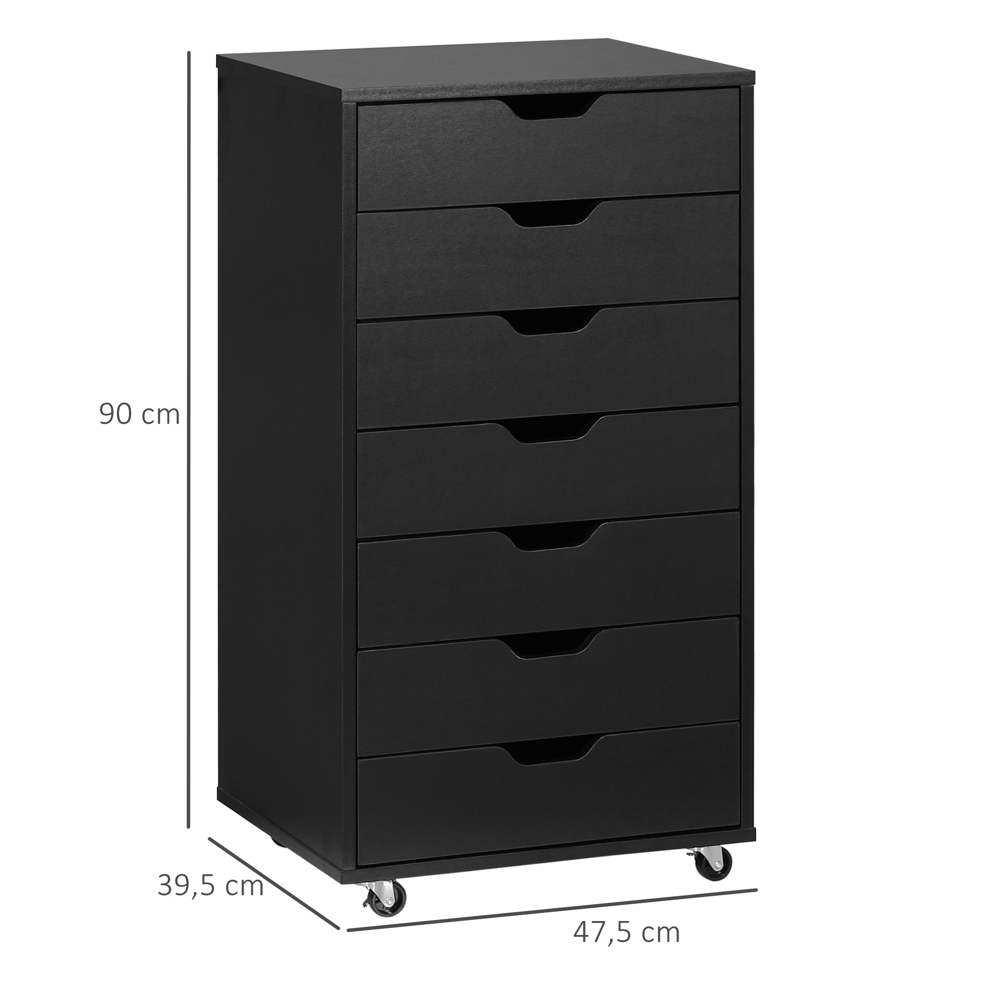 Caisson bureau - rangement bureau 7 tiroirs - dim. 47,5L x 39,5l x 90H cm - noir