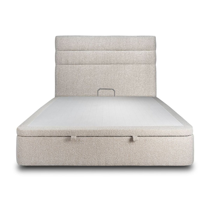 Lit avec sommier et tête de lit à lignes - Tissu bouclette au style tendance - Adapté à tous les matelas, montage rapide - Rangement XXL - Hauteur Totale : 39cm