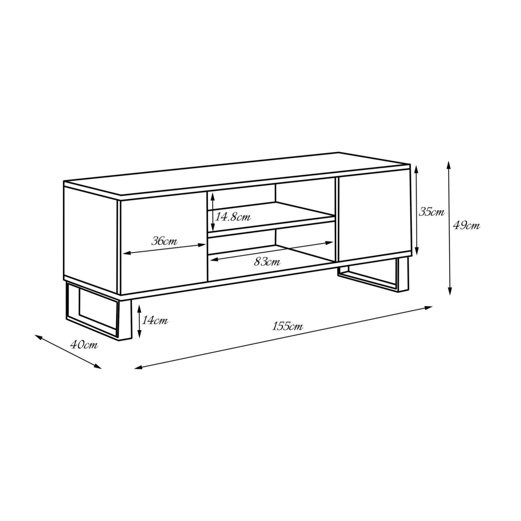 Mobile porta tv con 2 ante e 1 ripiano centrale, Credenza con piedini in metallo, Buffet da soggiorno in stile industrial, cm 155x40h49, colore Acero e Nero