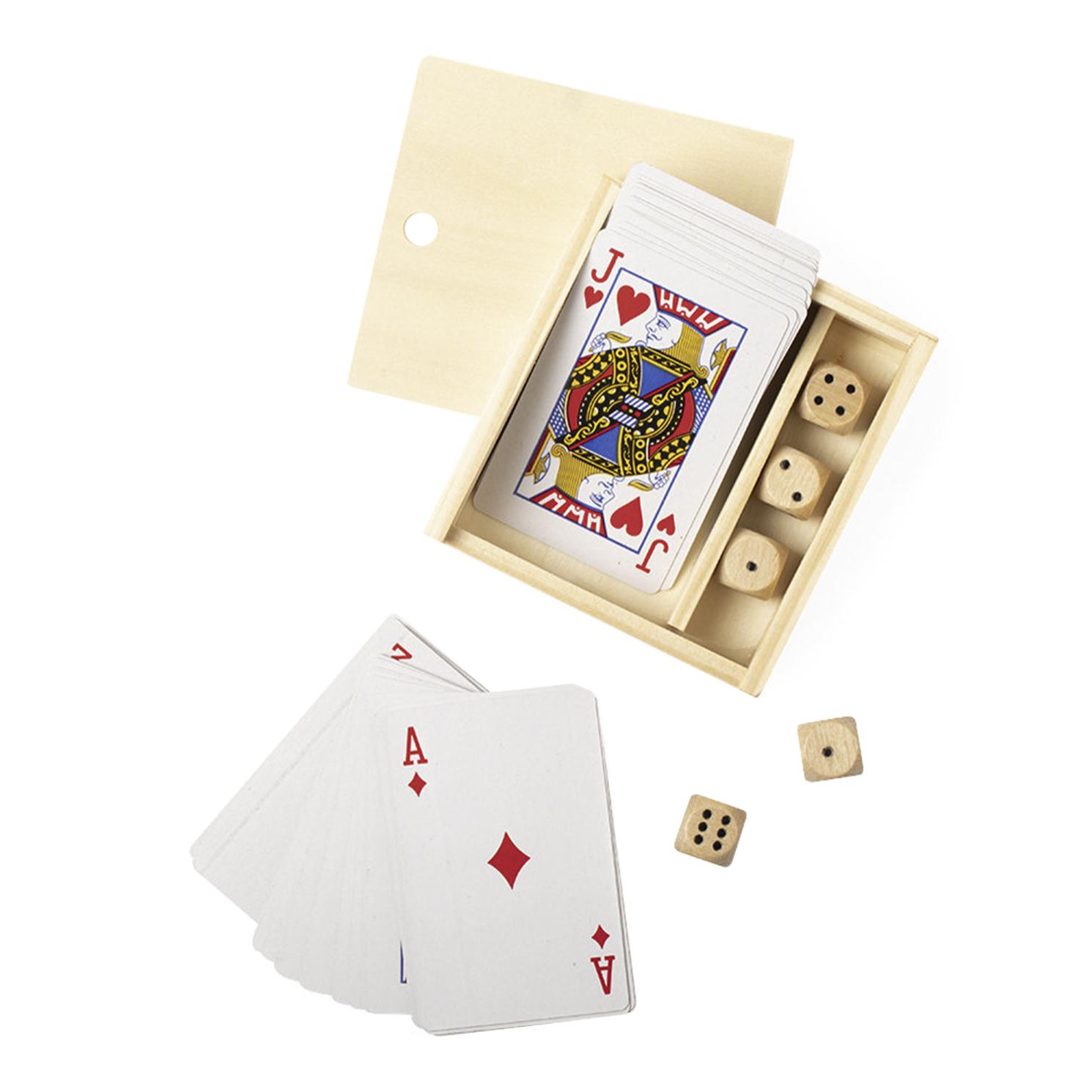 Pelkat, set di gioco con mazzo francese e dadi di legno.