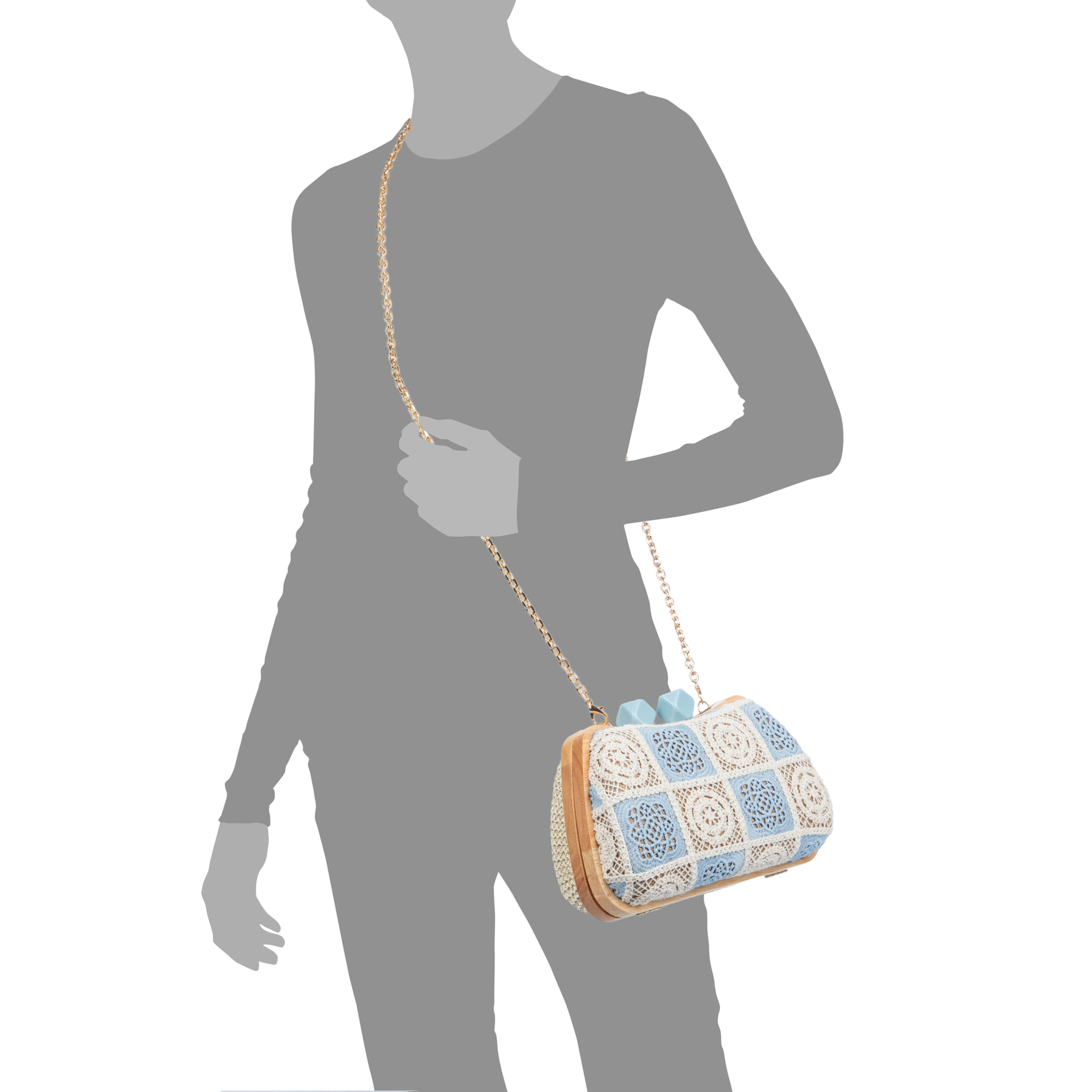 Bonamico Bolso bandolera Mujer. Fabricado en madera natural, algodón y paja trenzada.